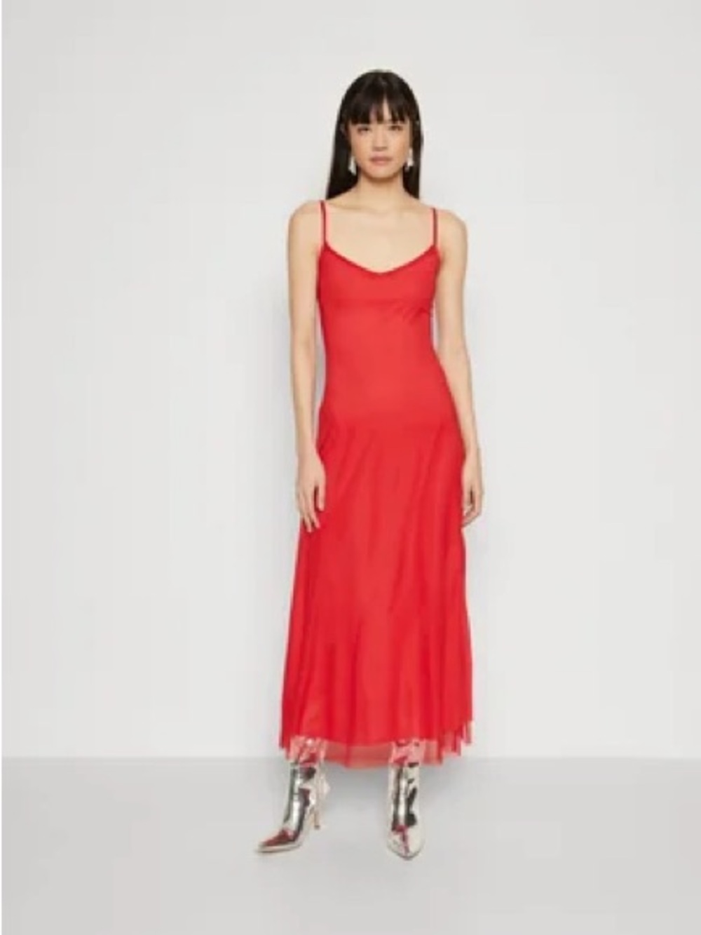Uli’s Red /orange layer silk Slip Maxi Dress with Ruffled Hem